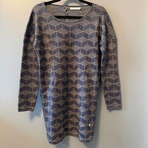 FRNCH navy blue and gold metallic geometric chevron sweater holiday dress